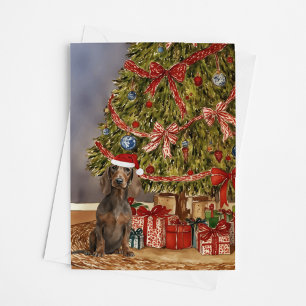 Cartão Dachshund Watercolor Sob a Árvore de Natal