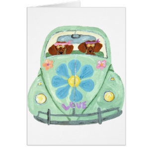 Cartão Dachshunds Hippies No Seu Carro Do Amor Florido