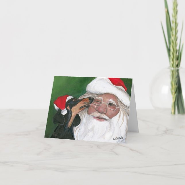 Cartão Dachshund's Kiss for Santa Dog Art Note Card (Frente)