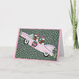 Cartão Dachshunds no Natal em um conversível rosa