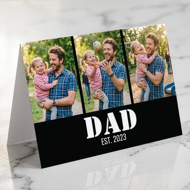 Cartão Dad Established 3-Photo Bold White & Black Modern (Dad Established 3-Photo Bold White & Black Modern Greeting Card)