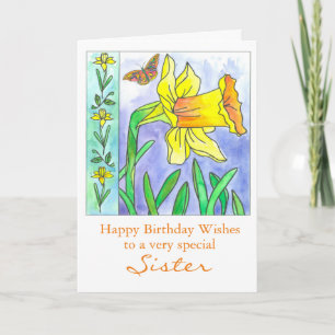 Cartão Daffodil Watercolor Flower Happy Birthday Irmã