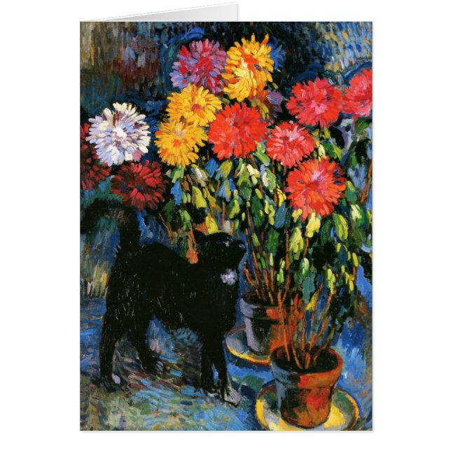 Cartão Dahlias e Black Cat, pintura de arte (Frente)