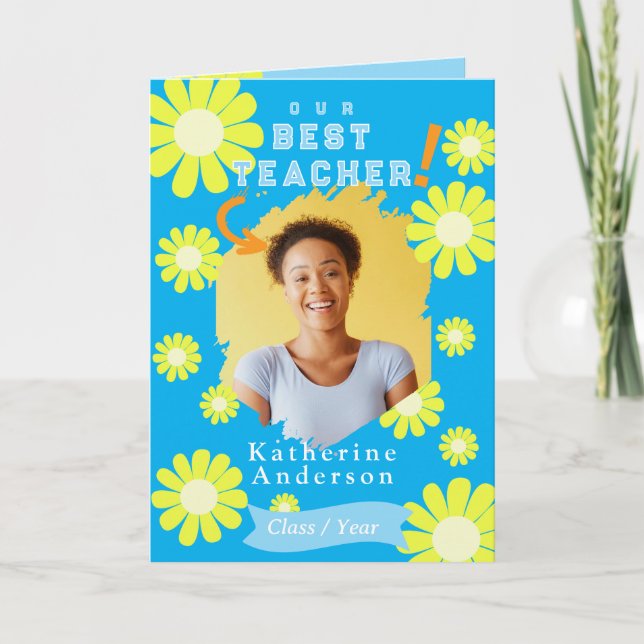 Cartão Daisy Best Teacher Photo Blue (Frente)