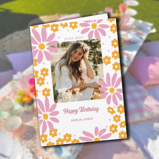 Cartão Daisy Florais Quentes Foto Feliz Aniversário (Daisy Warm Florals Photo Happy Birthday Card)