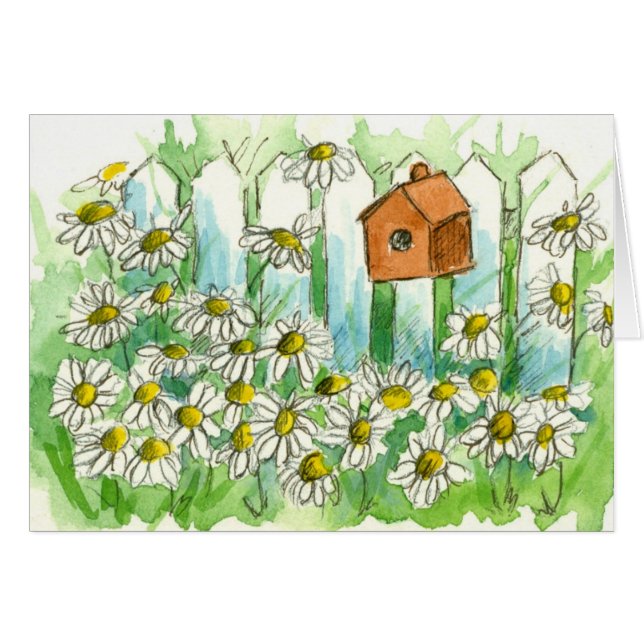 Cartão Daisy Garden Birdhouse Watercolor Flowers Vazio (Frente horizontal)