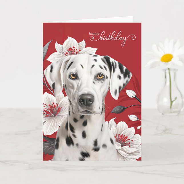 Cartão Dalmatian Dog with White Lilies on Red Birthday (Planta pequena)