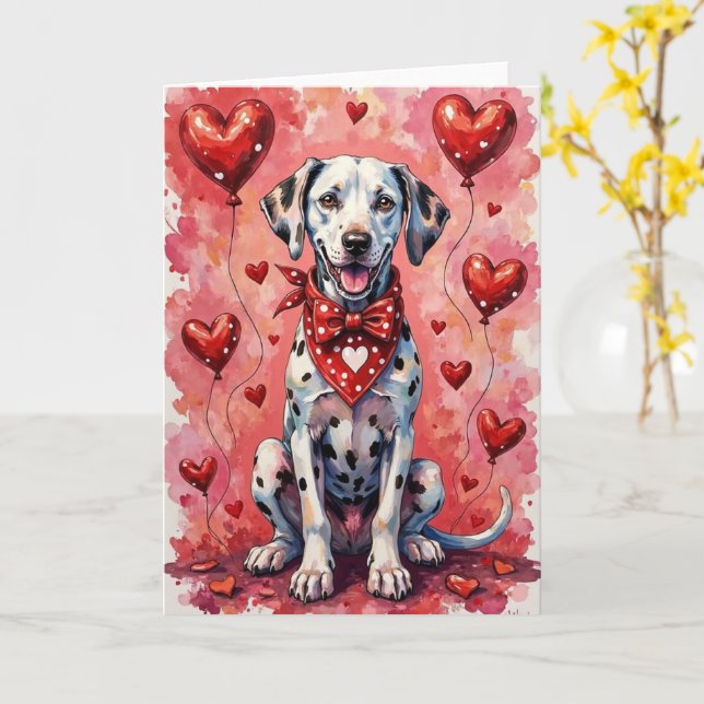 Cartão Dalmatian Valentine’s Day Dog with Hearts Red (Flor Amarela)