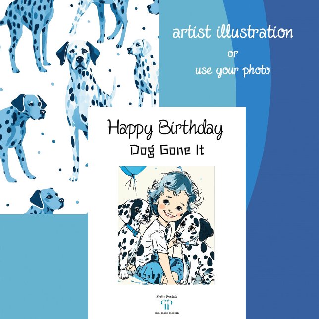 Cartão Dalmático ilustrado azul e branco | Aniversário (A joyous FUN filled Birthday Card - for the young and young at heart!)