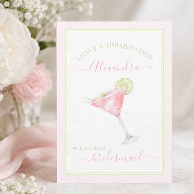 Cartão Dama de honra Pink Martini Elegante (elegant modern watercolor pink martini bridesmaid proposal card with custom bridesmaid name)