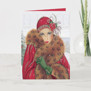 Cartão Dama de Natal vintage retrô Art Déco