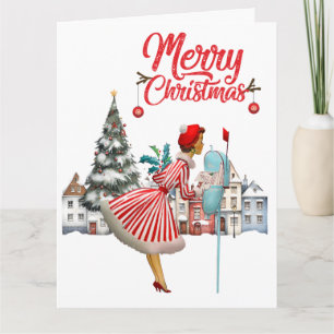 Cartão Dama Vintage de 1950 Enviando Saudações de Natal