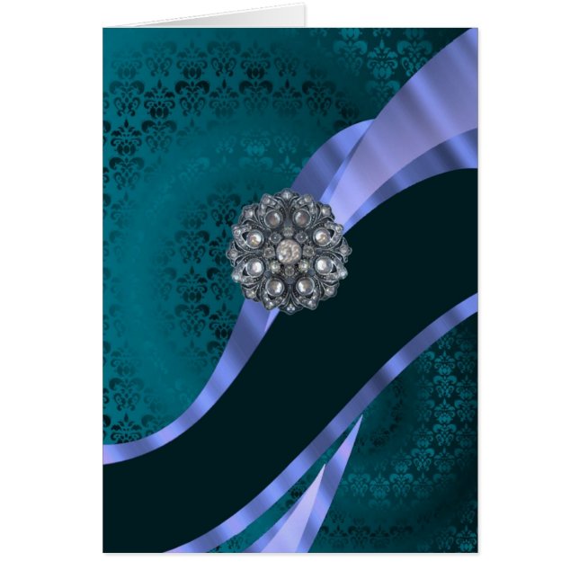 Cartão Damasco verde-teal e fita (Frente)