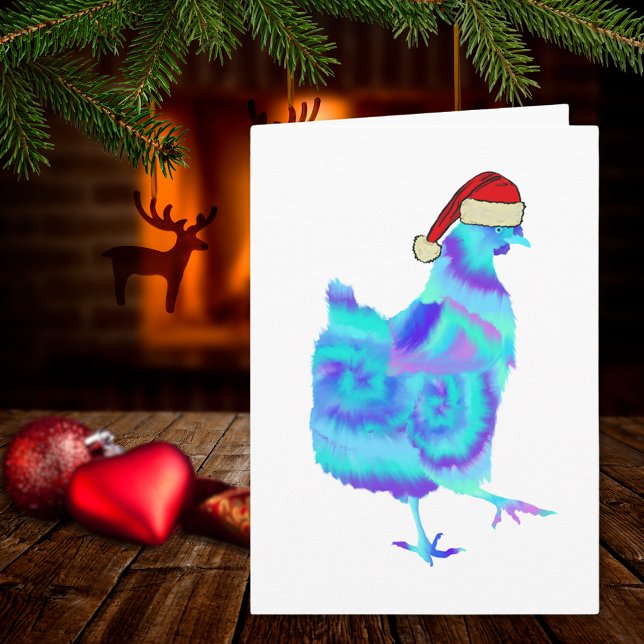 Cartão Dança De Frango De Natal Engraçado Festivo Hen (Christmas hen wearing a Santa hat colorful chicken dance farm animal art holiday greeting card)