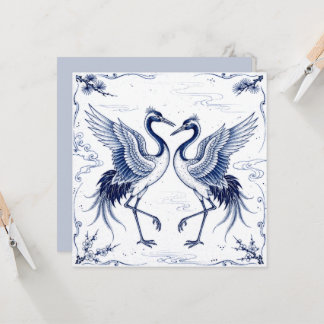 Cartão Dança de Grou Estilo Imari Japonês Azul e Branco