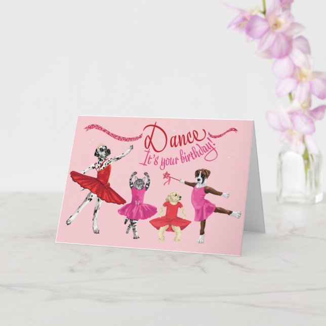 Cartão Dança É seu aniversário - Pets in Tutus Dancing (Orquídea)