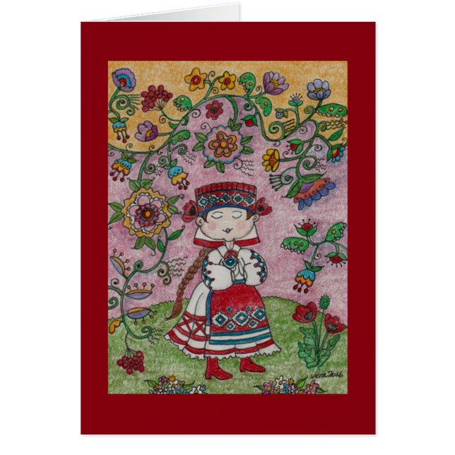 Cartão Dançarina Ucraniana e Flores de Arte Foliar (Frente)