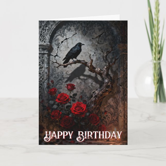Cartão Dark Gothic Raven and Roses Mural Birthday (Frente)