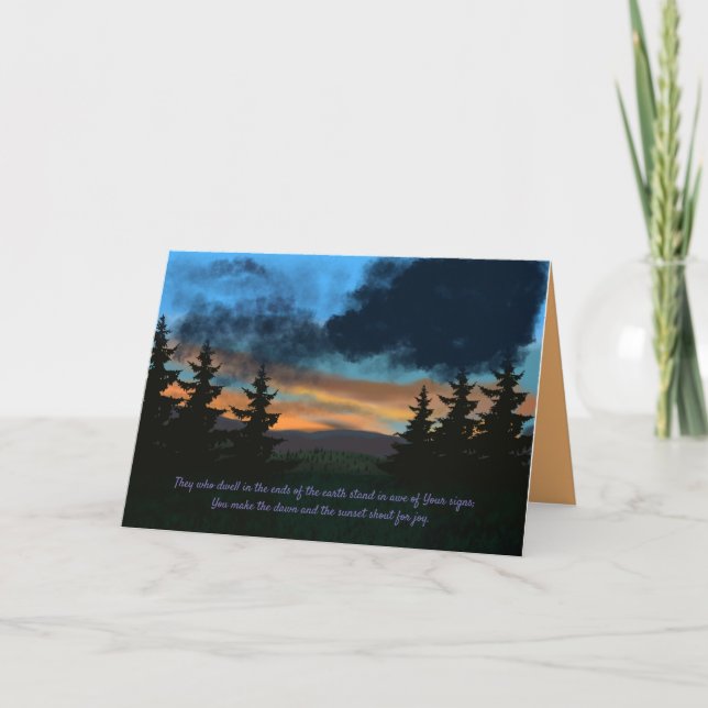 Cartão Dark Woods Sunset mountains grass pine trees (Frente)