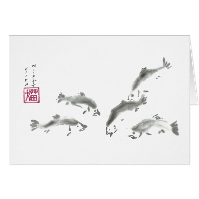 Cartão Das escolas salmões de Sumi-e dentro - (Frente Horizontal)