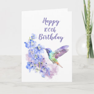 Cartão Dated 100th Birthday Hummingbird Bird Delphiniums