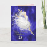 Cartão Daughter age 21, leaping ballerina birthday card<br><div class="desc">A ballerina leaps joyfully. A ballerina in a white dress leaves trails of stardust as she leaps. her arms are outstretched and her toes are pointed. the background is blue clouds swirling.</div>