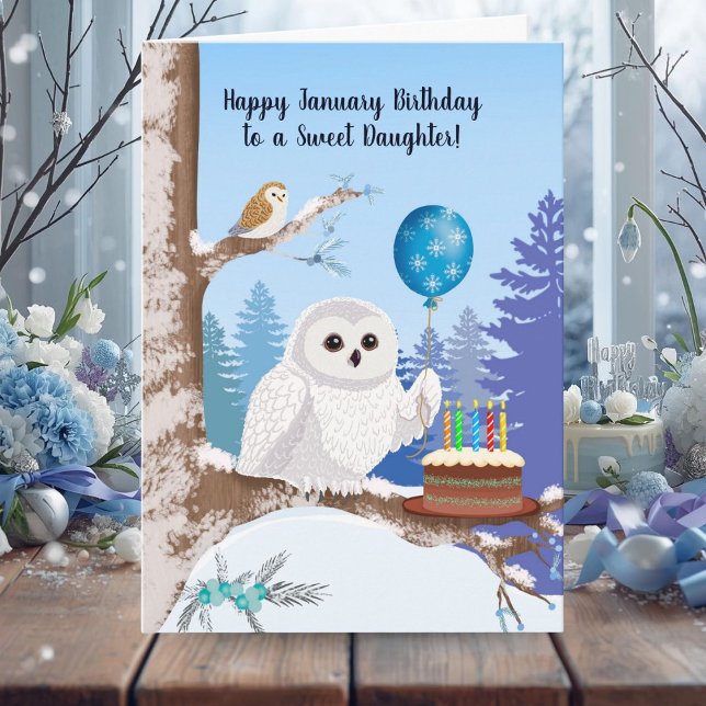 Cartão Daughter Happy January Birthday Snowy Owl (Criador carregado)