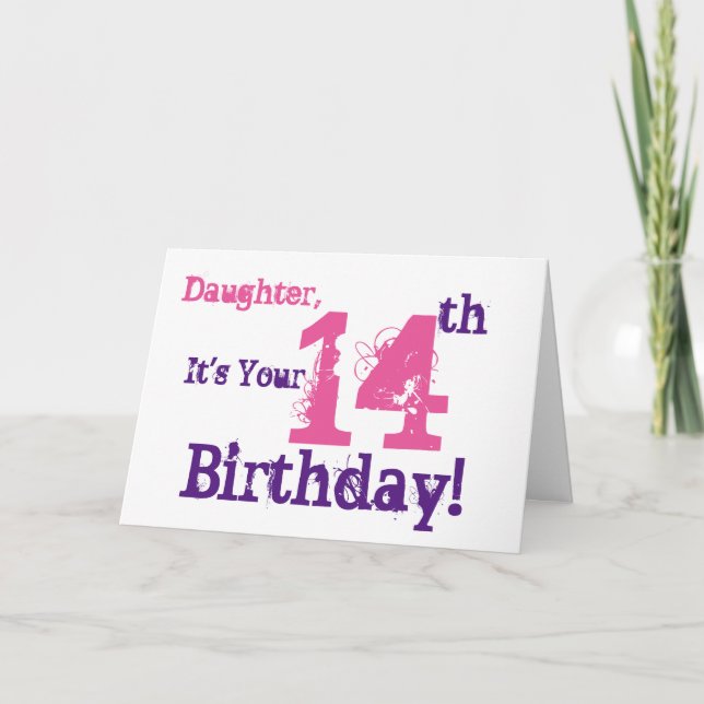 Cartão Daughter's 14th birthday greeting in purple, pink. (Frente)