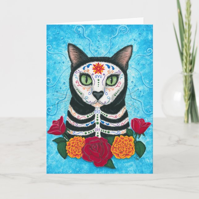 Cartão Day of the Dead Cat Sugar Skull Art Card (Frente)