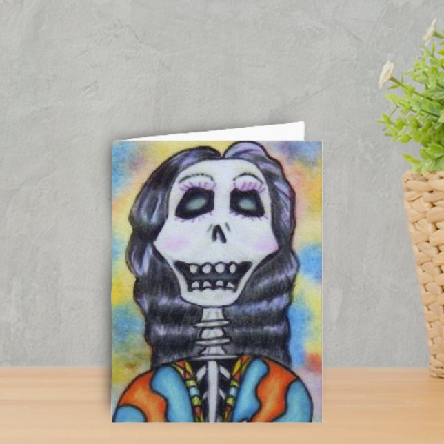 Cartão Day of the Dead Notecard (Day of Dead happy Lady Skeleton in orange and blue on colourful Halloween notecard.)