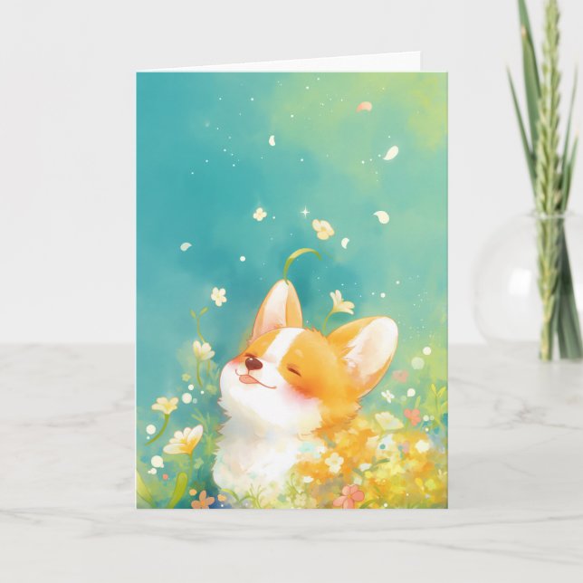 Cartão Daydreaming Corgi cercado por Flores (Frente)