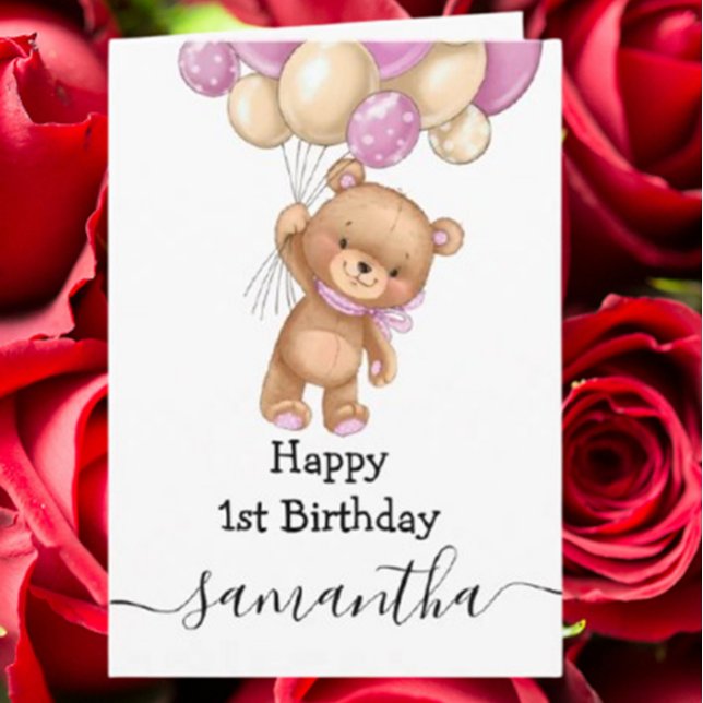 cartão de 1º aniversário balão rosa menina urso (Celebrate her special day with a 1st birthday pink balloon teddy girl card)