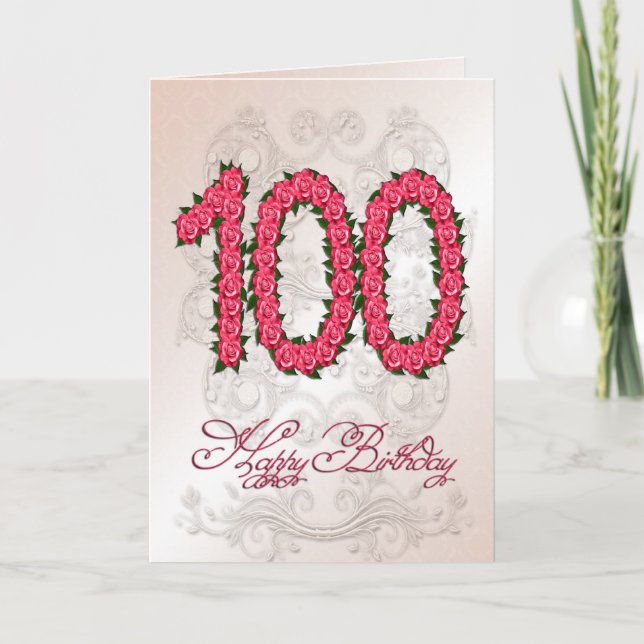 Cartão de 100.o aniversário com rosas e folhas (Frente)