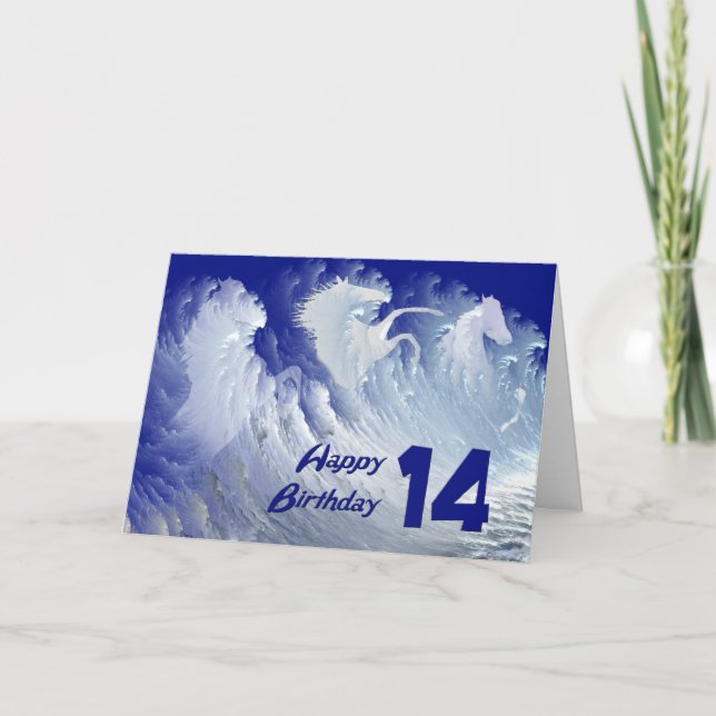 Cartão de 14 de aniversário com cavalos surfs bran (Frente)