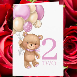 cartão de 2º aniversário balões rosa menina ursinh