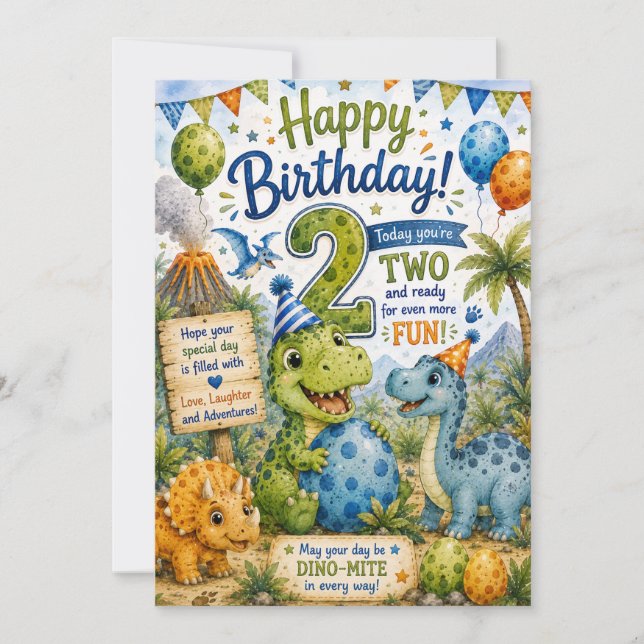 Cartão de 2º Aniversário Dino-Mite (Frente)