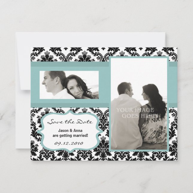 Cartão de 4x5 Save the Date Preto Damask Azul (Frente)