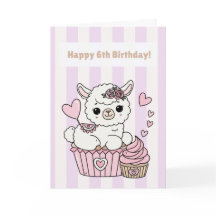 Cartão de 6º Aniversário Menina Lhama Fofa