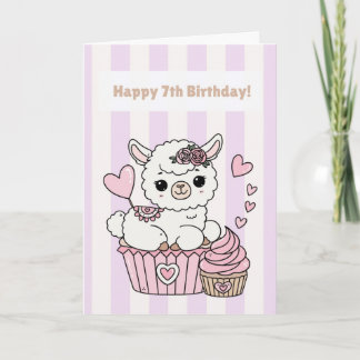 Cartão de 7º Aniversário Menina Lhama Fofa