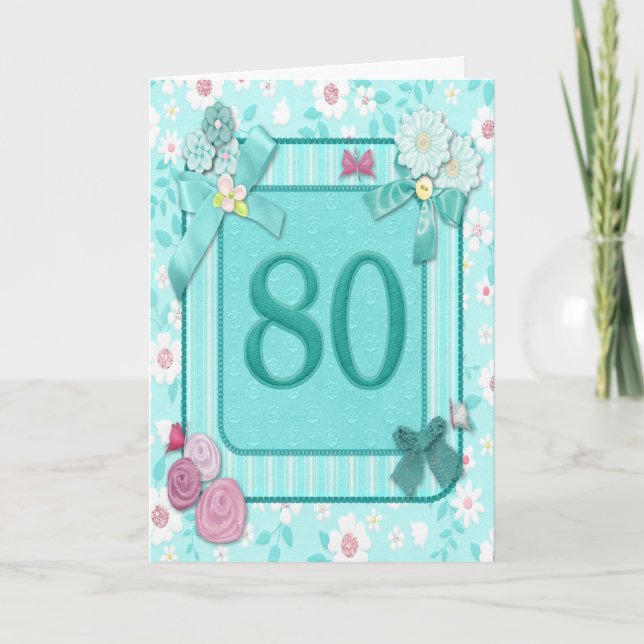 Cartão de 80 de aniversário com flores (Frente)