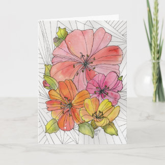 Cartão de Abertura - Flores Rosa, Laranja e Pêsseg