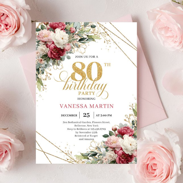 Cartão de acento dourado chic com rosas de rubor v (Red blush roses chic gold accent card 80th birthday invitation

)