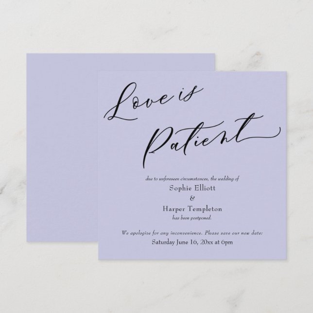 Cartão de adiamento de casamento Lavanda Paciente  (Frente/Verso)