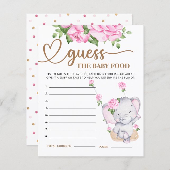 Cartão de adivinhação de comida de bebê para chá d (Frente/Verso)