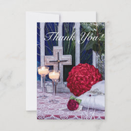 Cartão De Agradecimento 0294-Bolo De Casamento, Rosas, Anéis, Vela