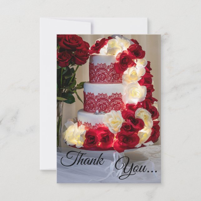 Cartão De Agradecimento 1458-Bolo de Casamento, Buquê, Alianças e Véu (Frente)