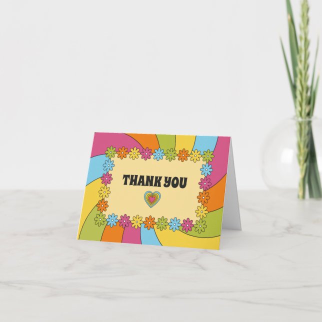 Cartão De Agradecimento 1960s Themed Flowers, Waves and Hearts (Frente)