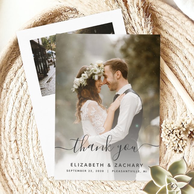 Cartão De Agradecimento 2-Foto Casamento Cinza Script (Criador carregado)
