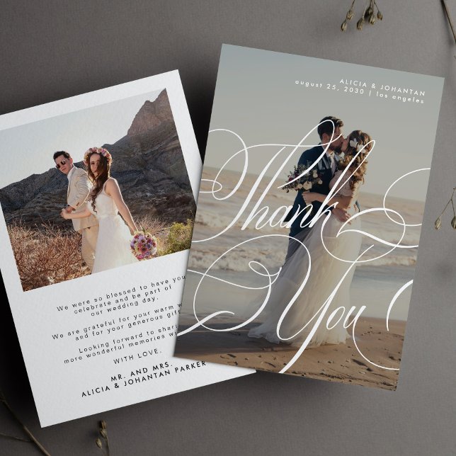 Cartão De Agradecimento 2 fotos simples e elegante roteiro de caligrafia c (Criador carregado)