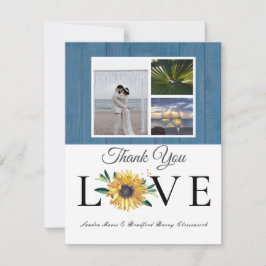 Cartão De Agradecimento 3 Colagem fotográfica Casamento de madeira azul de